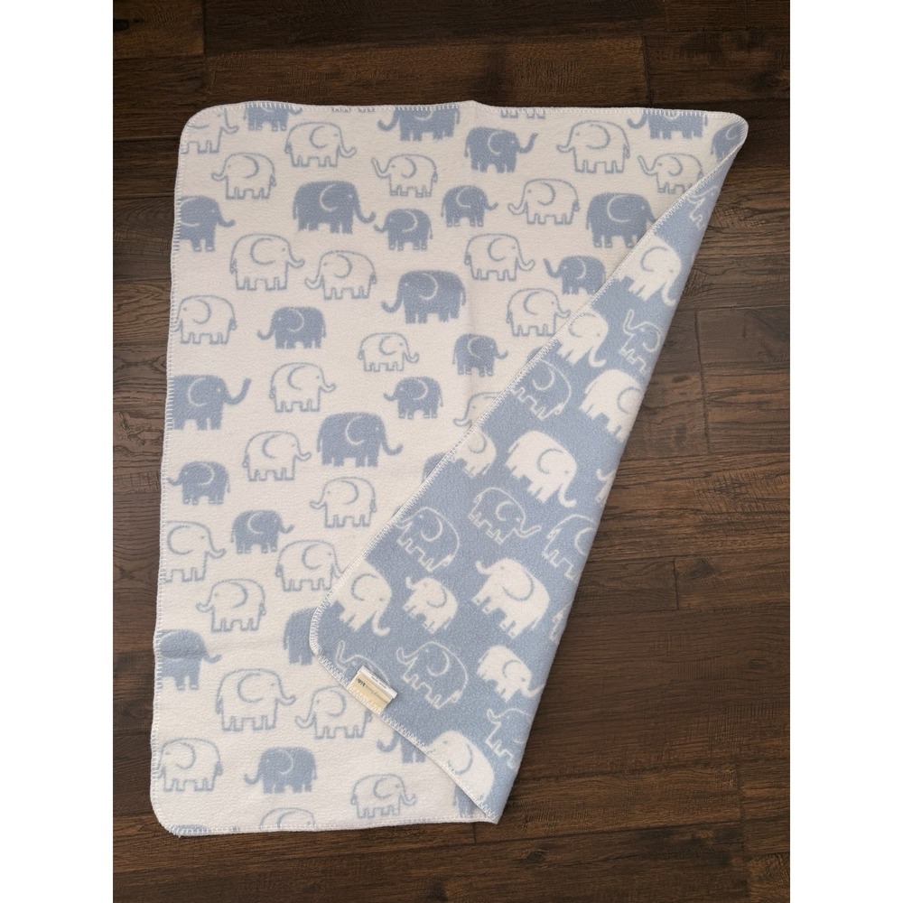 Pottery Barn‎ Kids Blue White Elephant Baby Blanket 30x40" Crib Reversible Boy